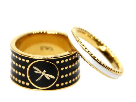 Armani Ladies 2Pcs Set Ring Gold Thin With Ceramic & Thick With Black Coating   Drgon Fly Design Size 7 Cheap