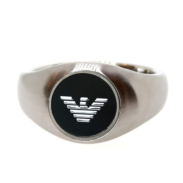 Armani Men S Ring Stainless Steel Silver With Black Circle On Top & Brand Logo Size 11.5 For Sale