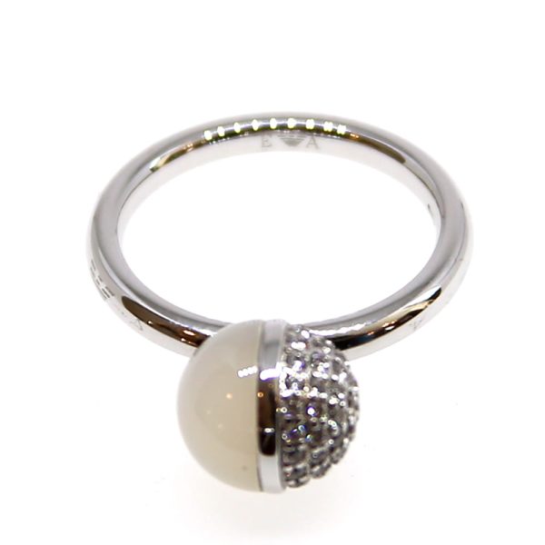 Emporio Armani Ladies Ring Sterling Silver Wtih Zircon & Pearl, Silver Color Online